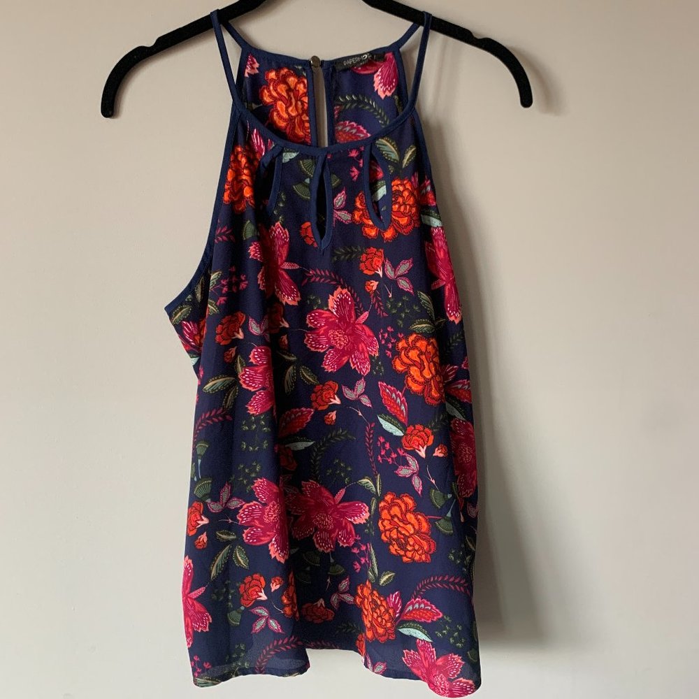 Stitch Fix Sleeveless Top / Blouse - High Neckline Cutouts Blue & Purple Floral